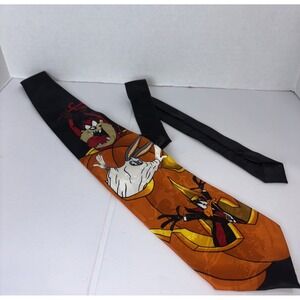VINTAGE Looney Tunes Tie Mens Orange Black Halloween Taz Buggs Bunny Daffy 1996